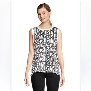 Karl Lagerfeld Paris Geometric Print Ruffle Trim Sleeveless Top Size L